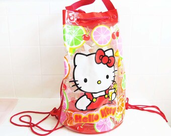 Vintage 1998 Hello Kitty Clear Vinyl Bucket Backpack - 90s Sanrio Pink Red Orange Lemonade Drawstring Purse - Kawaii Cute