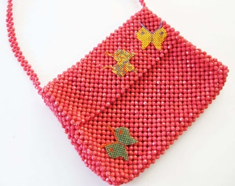 Vintage 2000er Jahre Y2K Pink Kristall Perlen Rechteck Umhängetasche mit Schmetterling Detail - Ästhetische Handtasche