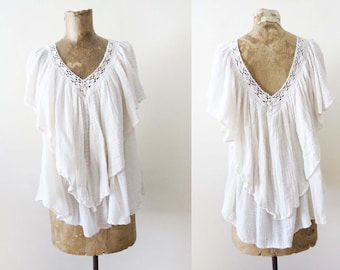 Mexican Gauze Cotton Tunic Top Off White One Size - Boho Ruffle Top - Hippie Crochet Lace Shirt