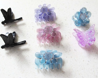 Vintage 2000s Butterfly Floral Hair Clip Lot - Y2K Icy Blue Lavender Pastel Glittery Small Flower Claw Barrettes