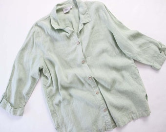 90s Linen Baggy Button Up Shirt Mint Green Large - Vintage Hot Cotton Long Sleeve Relaxed Fit Blouse