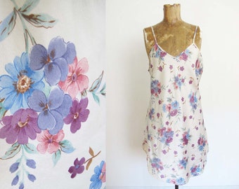 Vintage 90s Satin Nightie M - Satin Floral Print Mini Slip Dress - Blue Purple Floral Print Lingerie Dress