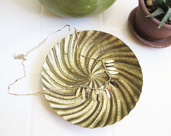 Vintage Shallow Gold Brass Ring Dish - Textured Spiral Jewelry Change Coin Holder