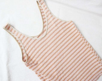 Vintage 70s Stripe Jacquard Knit Tank Top M - Tan White Scoop Neck Knit Sleeveless Shirt