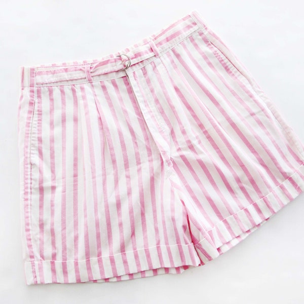 Vintage 80s Pink Stripe Preppy Shorts L 30 to 32 Waist - 1980s Pink White Striped Cotton High Waist Casual Shorts