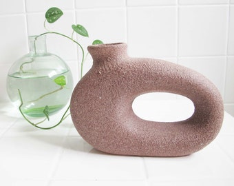 Vintage 80s Asymmetrical Vase - Textured 1980s Brown Donut Pot - Wavy Natural Minimalist Decor