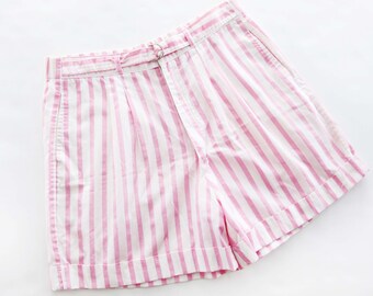 Vintage 80s Pink Stripe Preppy Shorts L 30 a 32 Cintura - 1980s Rosa Blanco Rayas Algodón Alta Cintura Casual Shorts