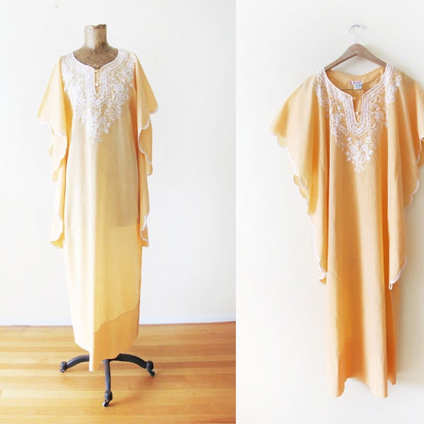 Vintage 70s Bohemian Embroidered Caftan Maxi Dress S M - Pastel Peach Angel Butterfly Sleeve Long Hippie Sundress