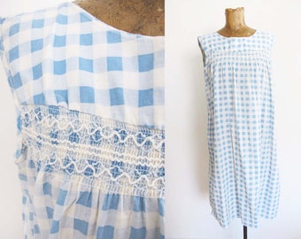 Vintage 60s Blue Gingham Plaid Mumu Dress Nightgown M - 1960s Sleeveless Casual Relaxed Fit Duster House Dress