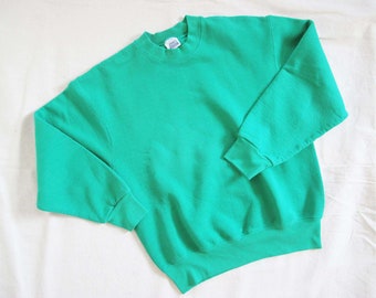 Vintage 80s Teal Green Crewneck Sweatshirt S M  - 1980s Cotton Blend Pullover Solid Color Athletic Sweatshirt - BVD Made in USA