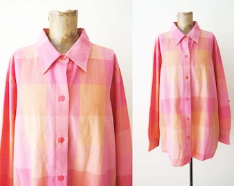 Vintage 90s Pink Orange Linen Plaid Long Sleeve Shirt XL - 1990s Oversized Collared Button Up Top - Colorful Madras Plaid - Minimalist
