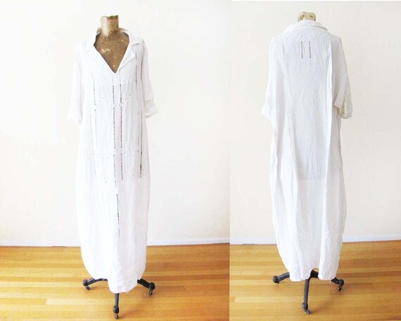 Vintage Edwardian 1920s White Linen Night Gown S M
