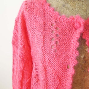 Vintage 90s Hot Pink Knit Cardigan S M 1990s Pointelle Mohair Blend Womens Slouchy Cardigan Sweater image 4