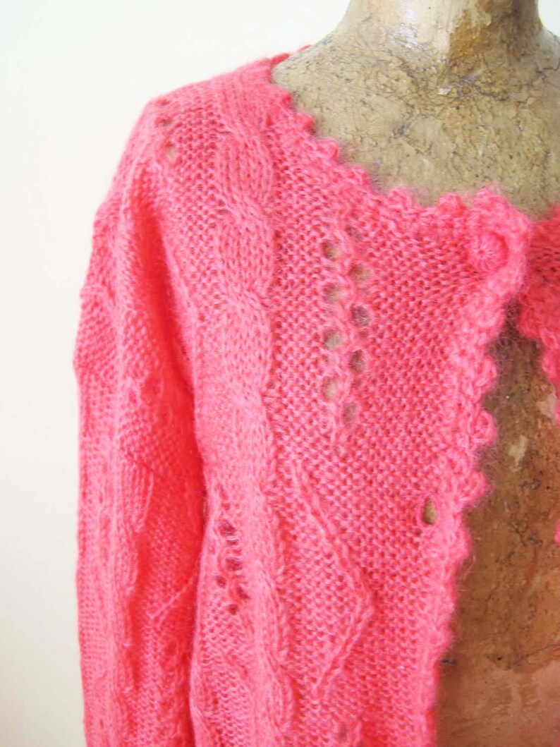 Vintage 90s Hot Pink Knit Cardigan S M 1990s Pointelle Mohair Blend Womens Slouchy Cardigan Sweater image 4