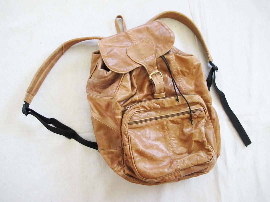 Vintage Large Brown Leather Backpack - 90s Light Brown Drawstring ...