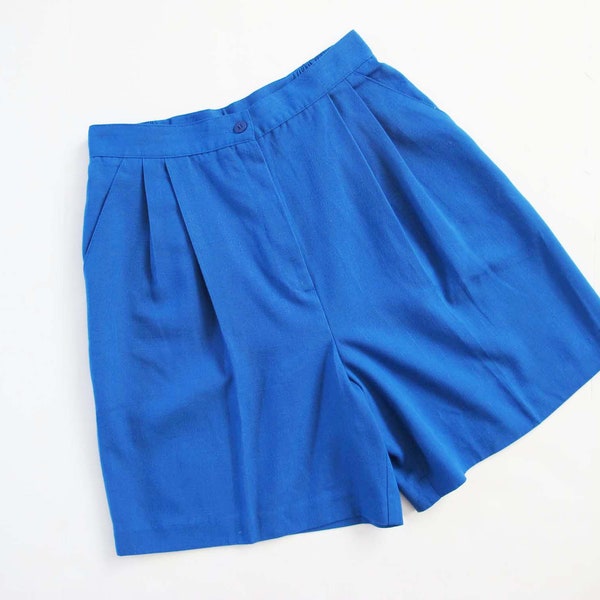 Vintage 90s French Blue High Waist Shorts 26 S - 1990s Pleated Front Long Mom Shorts - Minimalist Preppy Style