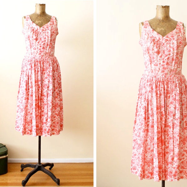 1950s dress/ pink prom dress/ silk floral 50s dress S