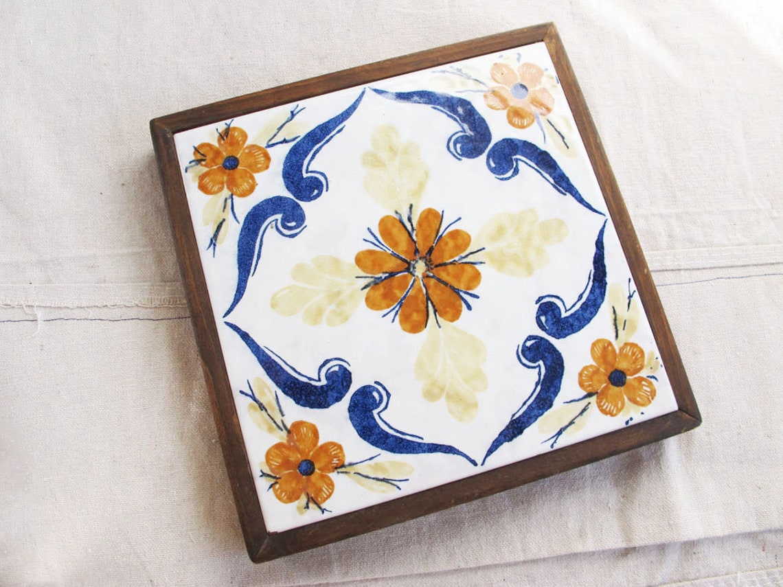 Vintage Spanish Tile Trivet 70s Wood and Ceramic Tile Etsy