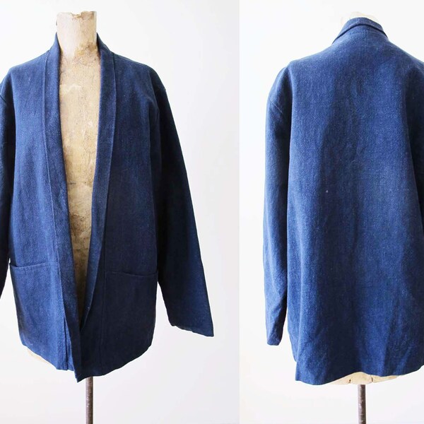 Vintage Japanese Indigo Blue Robe Jacket M L  - Shawl Collar Unisex Jacket -  Linen Cotton Textured Minimalist Jacket