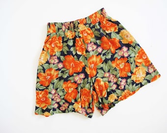 Vintage 90s Floral Shorts S M - 90s High Waist Long Shorts - Flowy Shorts - Elastic Waist Soft Casual Shorts - 90s Clothing - Orange Blue