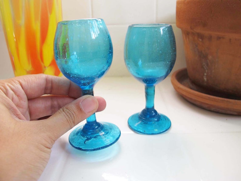 Vintage Turquoise Blue Aperitif Shot Glasses Set of 2 Vintage Barware 1960s Bubble Mini Goblets Cocktail Bar Cart Housewarming Gift image 2