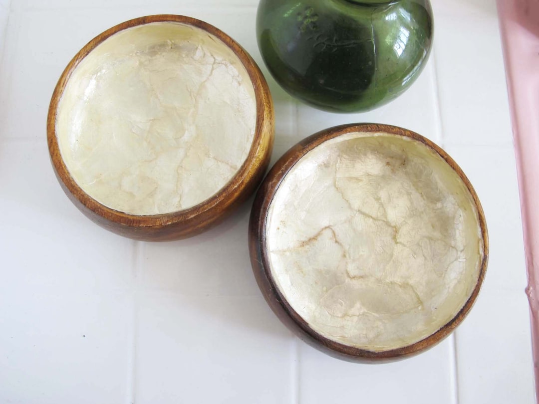 Vintage Jewelry Dish Wood and Capiz Shell Trinket Dish Etsy