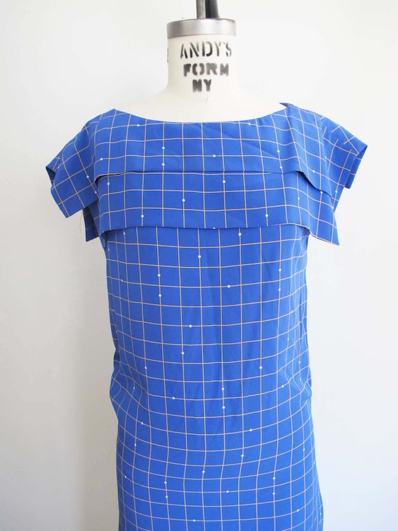 Vintage 80s does 20s Blue Silk Plaid Dress XS S -… - image 7
