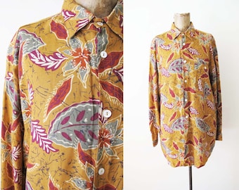 Vintage 90s Mustard Yellow Floral Abstract Print Shirt S M - 1990s Leaf Print Georges Marciano Guess  Long Sleeve Baggy Button Up