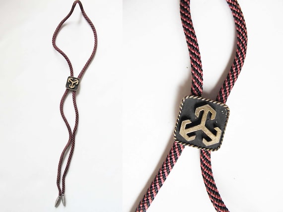 Vintage 50s Bolo Tie Pink Black Stripe Cord Metal… - image 1