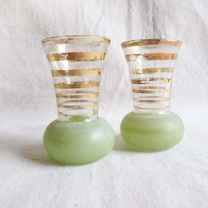 Vintage Mid Century Shot Glasses Set: Pale Mint Green & Gold Barware