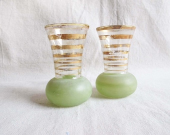 Vintage Mid Century Shot Sherry Glasses Set of 2 - Pale Mint Green Gold Bud Vase - Hollywood Regency Barware - Striped Gold  60s Glasses