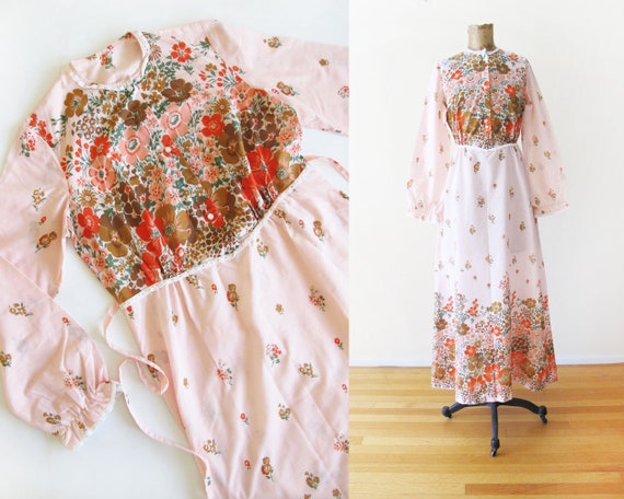 Vintage 60s Maxi Dress S M - Pink Floral Boho Maxi