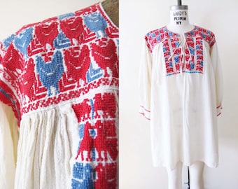 Vintage 70s Embroidered Cotton Tunic Dress: Bohemian Chicken Motif