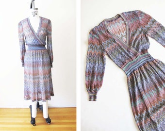 Vintage 70s Missoni Style Knit Dress S - 1970s Chevron Stripe Long Sleeve Plunge V Neck Midi Dress - Bohemian Peasant Dress