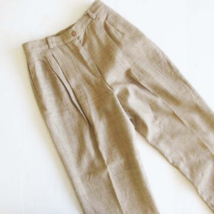 Vintage 70s Pleated Silk Trousers 29 High Waist Wide Leg Trousers Womens Textured Beige Trousers Pants 70s Clothing Dark Academic image 4