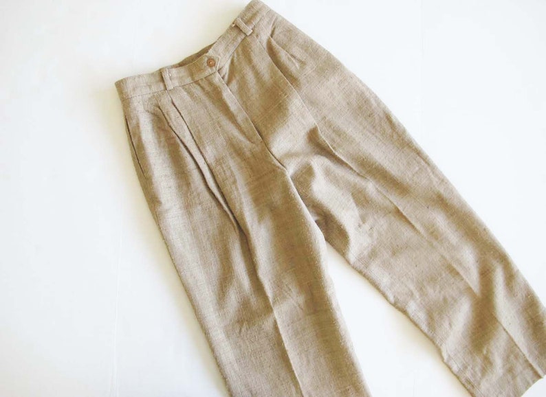 Vintage 70s Pleated Silk Trousers 29 High Waist Wide Leg Trousers Womens Textured Beige Trousers Pants 70s Clothing Dark Academic image 4