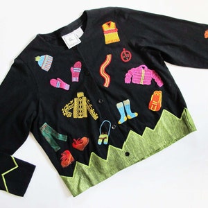 Vintage 90s Michael Simon Embroidered Cardigan M - Novelty Colorful Artsy Cardigan Jacket - Hiking Alpine Woodland Theme Sweater