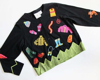 Vintage 90s Michael Simon Embroidered Cardigan M - Novelty Colorful Artsy Cardigan Jacket - Hiking Alpine Woodland Theme Sweater