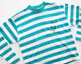 80s Teal Green White Stripe Long Sleeve Shirt S - Beverly Hills Polo Club Cotton Pocket T Shirt - Drop Shoulder - Preppy Style