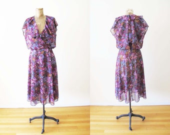 70s Semi Sheer Purple Floral Dress S M - Vintage 1970s Flower Print Sundress - Bohemian Summer Midi Sundress