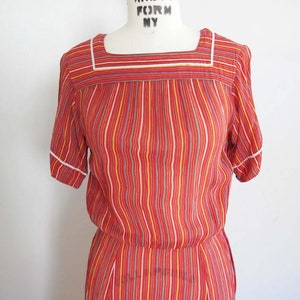 Vintage 80s Albert Nipon Dress XS S 1970s Red Multicolor Stripe Short Sleeve Semi Sheer Midi Dress image 2