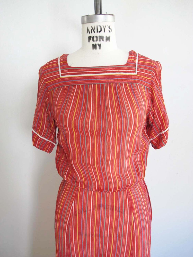 Vintage 80s Albert Nipon Dress XS S 1970s Red Multicolor Stripe Short Sleeve Semi Sheer Midi Dress image 2