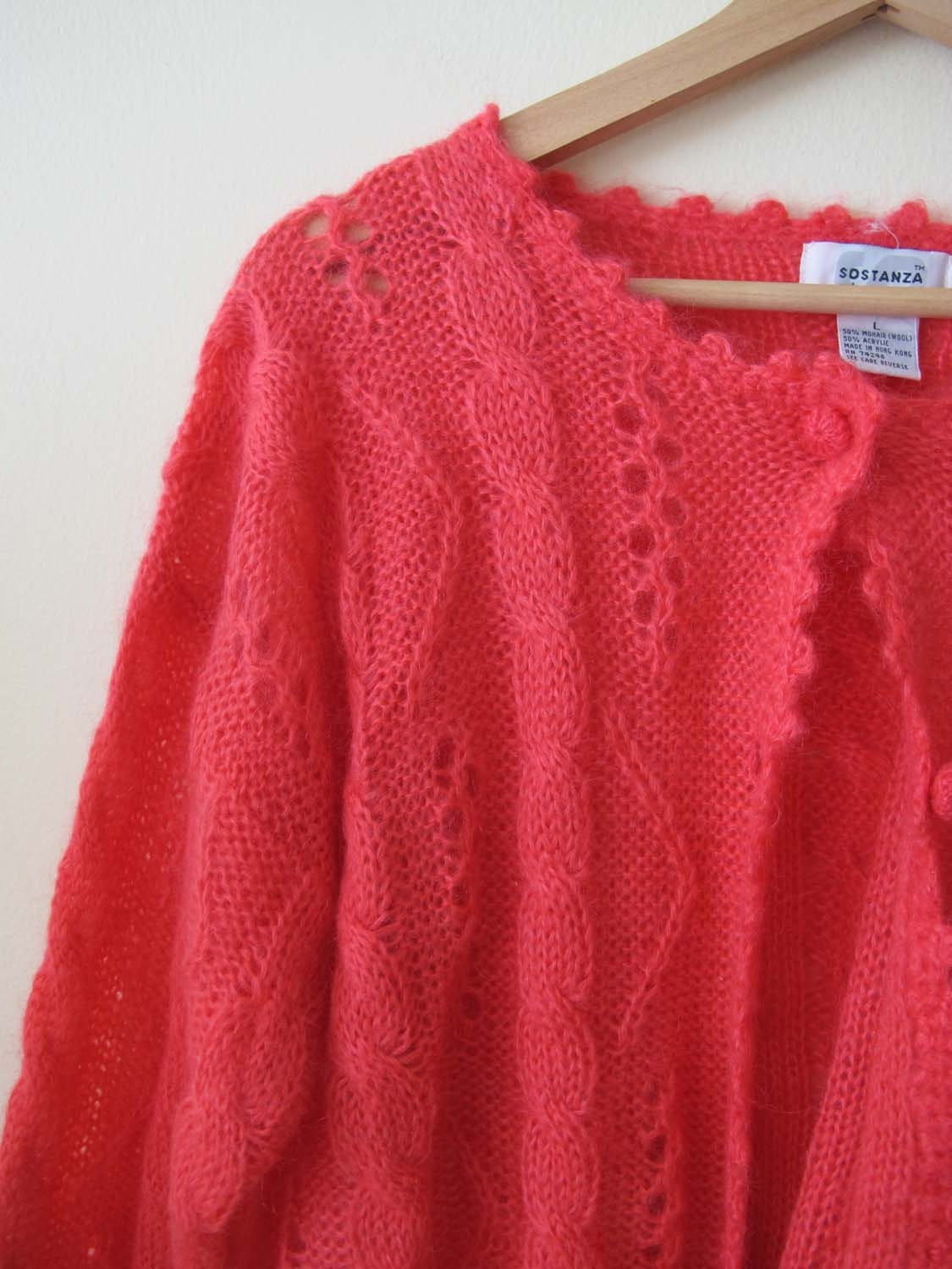 Cardigan Vintage Tricoté Main En Mohair - Taille S, Rose Vif/rouge, Occasion Très Bon état