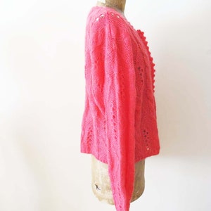 Vintage 90s Hot Pink Knit Cardigan S M 1990s Pointelle Mohair Blend Womens Slouchy Cardigan Sweater image 5