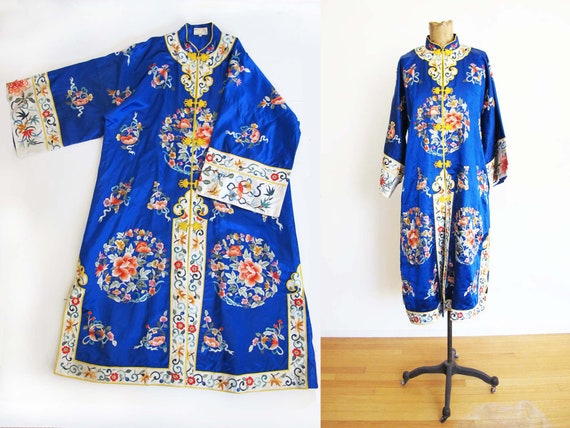 Vintage 30s 40s Chinese Silk Robe - Vintage Blue C