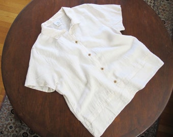 Vintage 90s White Linen Button Up Large - 1990s Hot Cotton Collared Natural Fiber Shirt - Minimalist Clothing