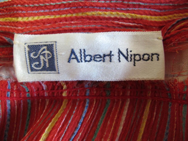 Vintage 80s Albert Nipon Dress XS S 1970s Red Multicolor Stripe Short Sleeve Semi Sheer Midi Dress image 6