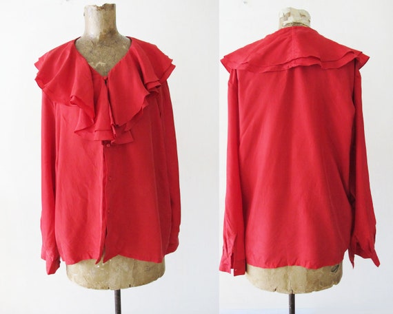 Vintage 90s Blouse S M - Red Silk Shirt - Silk Ruf