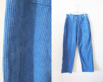 vintage années 2000 Pantalon en velours côtelé bleu baggy 30 - Y2K Taille haute Jambe large Chunky Cordons neutres en matière de genre