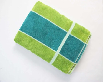 Vintage 70s Mint Green Striped Beach Towel XL - 1970s Fieldcrest Terrycloth Pool Towel